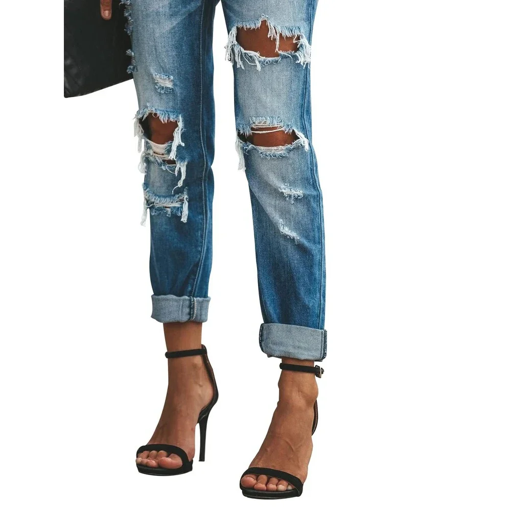 KUNMI Women's Ripped Mid Waisted Boyfriend Jeans Loose Fit Distressed Large - Picture 5 of 5